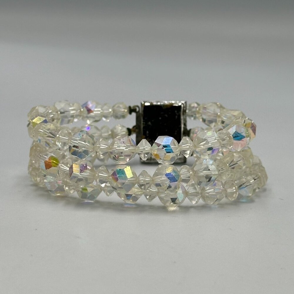 Vintage Aurora Borealis Glass Bracelet Multi Strand Clear Crystal Beads Art Deco - Picture 8 of 12